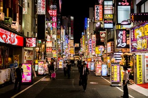 People walking at night in Kabukicho Shinjuku Tokyo Japan. Kabukicho is one of the most known red light districts in the world.