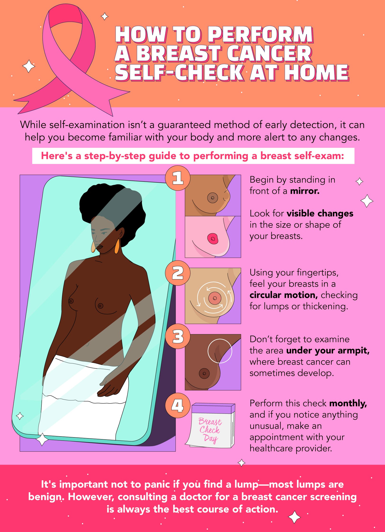 follow this guide for a breast self-exam, checking for changes and lumps regularly